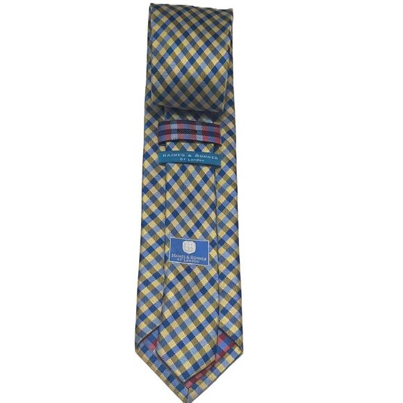 2for25 Haines & Bonner Of London Silk Handmade Tie Yellow Blue Checks Necktie - Picture 3 of 9